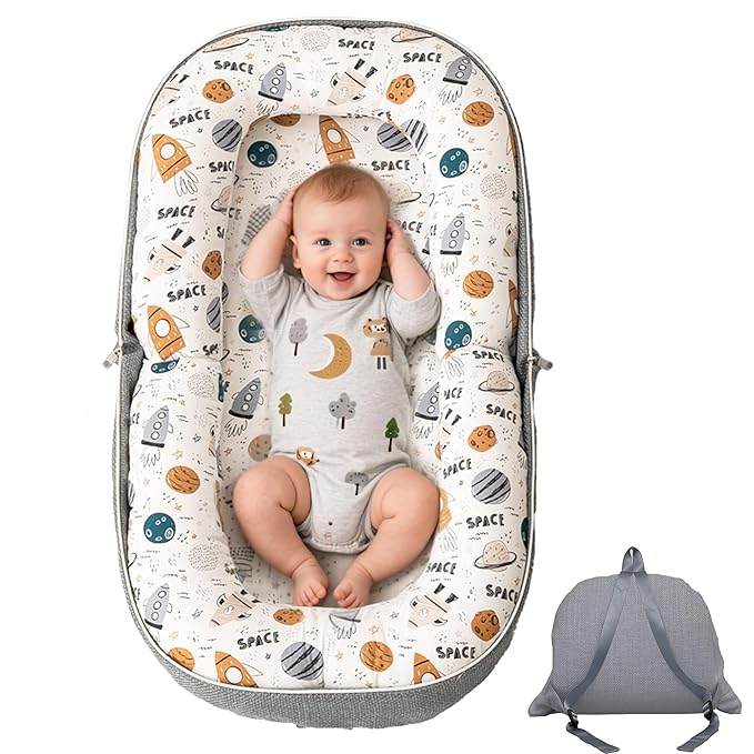 Baby Lounger, Foldable Infant Nest with Soft Memory Foam Mat, Cover with Adorable Pattern, Converts to Backpack for Easy Travel, 0-12 Months, Rocket-CubbioJoy