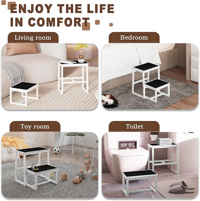 2 Step Stools for Adults Kids, Anti-Slip Sturdy Wooden Foot Stools with 500 Lbs Capacity for High Beds,Closet, Bathroom,Kitchen, Potty Training-CubbioJoy