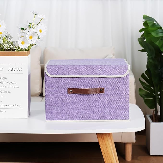 ANMINY 4PCS Storage Bins with Lid PU Leather Handles Storage Boxes PP Plastic Board Decorative Foldable Lidded Cotton Linen Fabric Home Cubes Baskets Closet Organizer Containers - Purple, Large Size-CubbioJoy