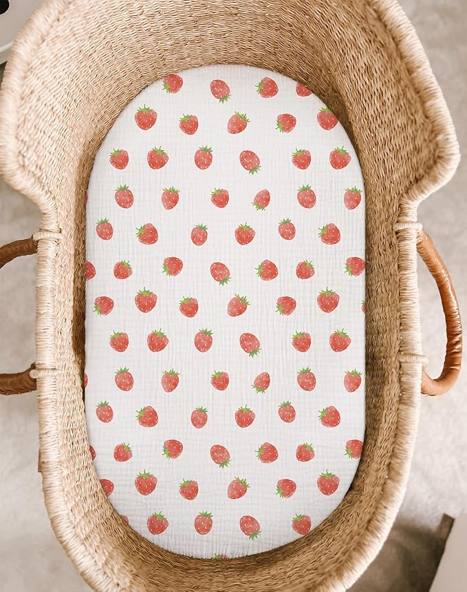 Bassinet Sheet for Baby Boy Girl 2 Pack, Fitted Sheets for Rectangle, Oval, Hourglass Bassinet Mattress, Muslin Moses Basket Sheets (Strawberry & Pale Pink, Bassinet Sheet)-CubbioJoy