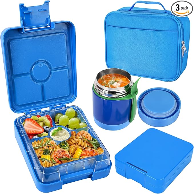 Bento Lunch Box Set With 10oz Soup Thermo, Leak-proof Lunch Containers with 4 Compartment, Kids Hot Thermo Food Jar/Insulation Lunch Bag, Food Containers for School （Blue）-CubbioJoy