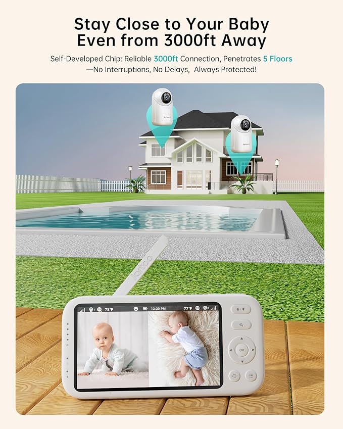 2K Video Baby Monitor with 2 Cameras and Audio, 3000ft Long Range Baby Monitor No WiFi, 5.5" Split Display, VOX - AI Cry Detect, ANR, IR Night Vision, 2-Way Audio, 6000mAh-CubbioJoy