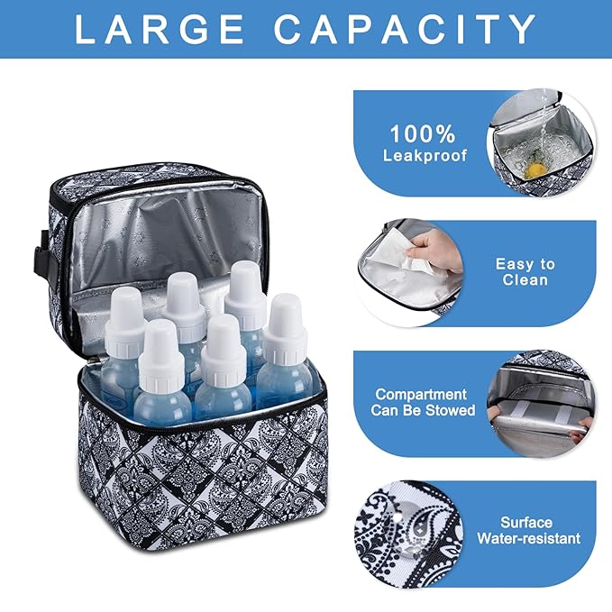 Breastmilk Cooler Bag with Ice Pack Fits 6 Baby Bottles up to 9 Ounce, Breast Milk Pump Cooler Bag with Shoulder Strap for Nursing Mom Daycare, Work, Travel- Black-CubbioJoy
