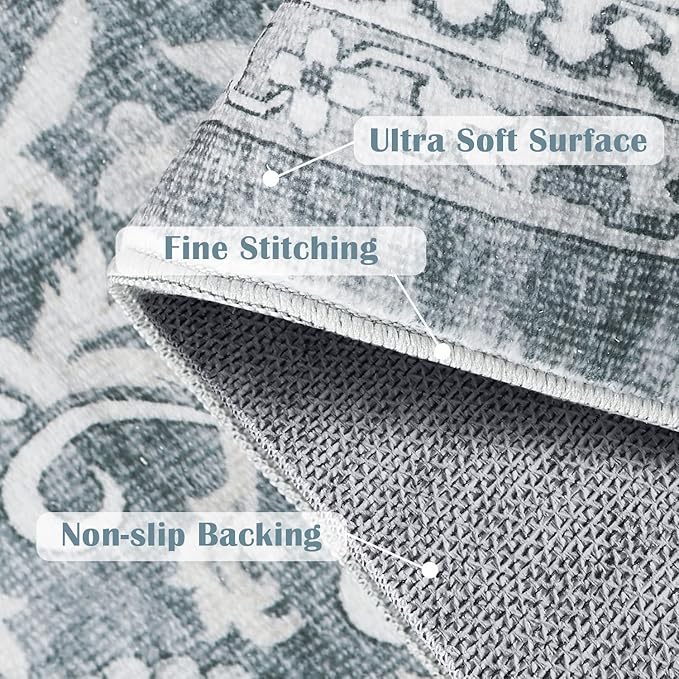 jinchan Hallway Runner Rug 2x10 - Machine Washable Grey Vintage Floral Distressed Design Soft Non-Slip Low-Pile Ultra-Thin Runner Rug for Kitchen Laundry Room Bedroom Farmhouse (2‘x10',Grey)-CubbioJoy