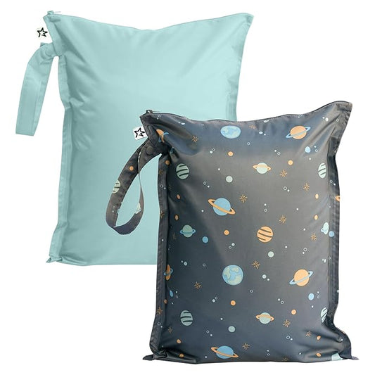 Tiny Twinkle Mess-Proof Waterproof Wet Dry Bag | 2-Pack Reusable Wet Bags for Swimsuits & Baby Clothes | Leakproof Wet Bag for Travel & Diaper Changes for Baby (Space, Ice Blue)-CubbioJoy