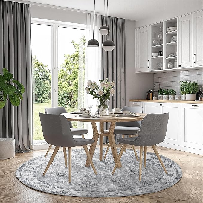 jinchan Round Rug 6ft Area Rug - Grey Vintage Floor Mat Kitchen Indoor Ultra-Thin Soft Floral Print - Washable Circle 6' Retro Accent for Farmhouse Non Slip Dining Room Living Room Bedroom Office-CubbioJoy