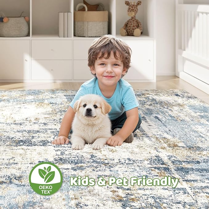 7x9 Area Rugs Washable Rug: Living Room Large Abstract Modern Soft Stain Resistant Indoor Floor Non Slip Accent Carpet for Bedroom Nursery Playroom Office Dining Room Dorm Home House- Blue-CubbioJoy