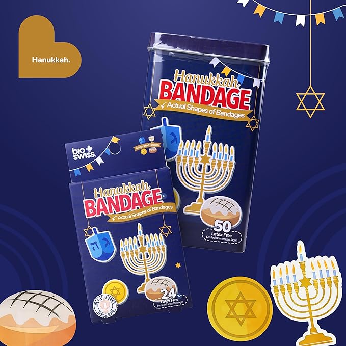 BioSwiss Bandages, Hanukkah Shaped Self Adhesive Bandage, Latex Free Wound Care, Fun First Aid Kit Supplies for Kids and Adults, 50 Count-CubbioJoy