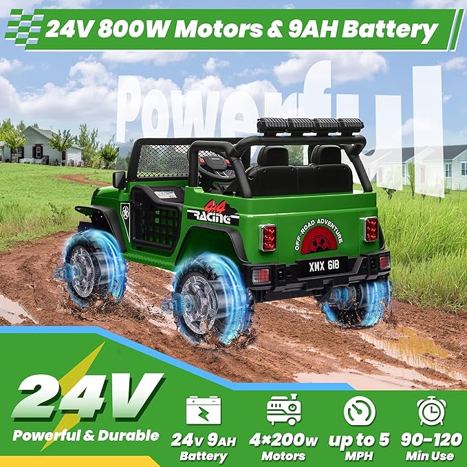 24V 4WD Ride on Truck Car w/800W Motors, Gift Flower, Remote Control, 2 Seaters, Light Bar, 3 Speeds, Pop Music, Power Four Wheels, 24 Volt Ride on Toy Car for Big Kids, Green-CubbioJoy
