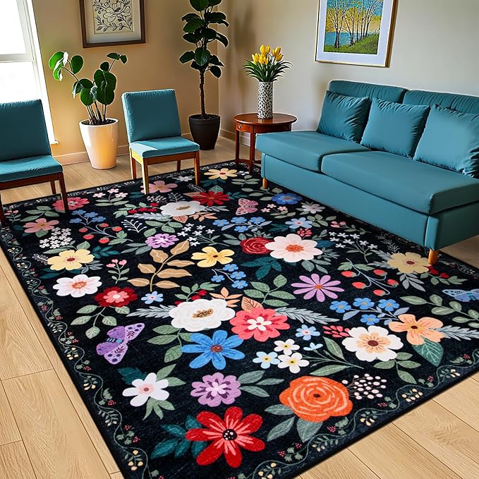 8x10 Area Rugs for Living Room: Washable Rug Vintage Large Soft Boho Floral Non-Slip Carpet Indoor Floor Stain Resistant Thin Carpets for Bedroom Dining Room Farmhouse Nursery Home Office Black-CubbioJoy