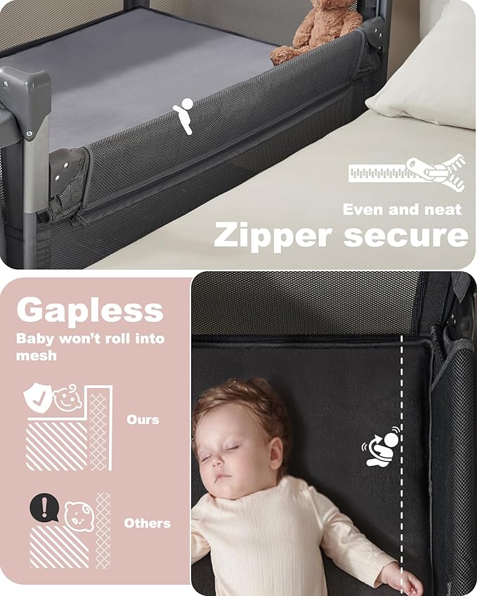 AirClub 4 in 1 Baby Bassinet Bedside Sleeper, 4 Functions Crib, Playard, Portable Changing Table, Bassinet for Newborn Baby, Bedsaide Bed w/Wheels&Brakes-CubbioJoy