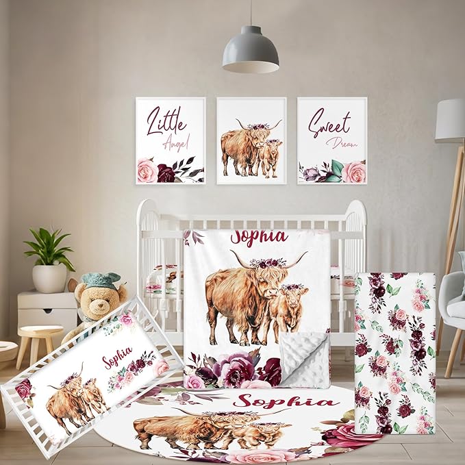 Custom Baby Crib Bedding Set, 5 Pcs Personalized Name Baby Crib Sets for Infant Toddler, Purple Highland Cow Nursery Bedding Set for Baby Girls, Double Layer Baby Bedding Sets Customized Gifts-CubbioJoy