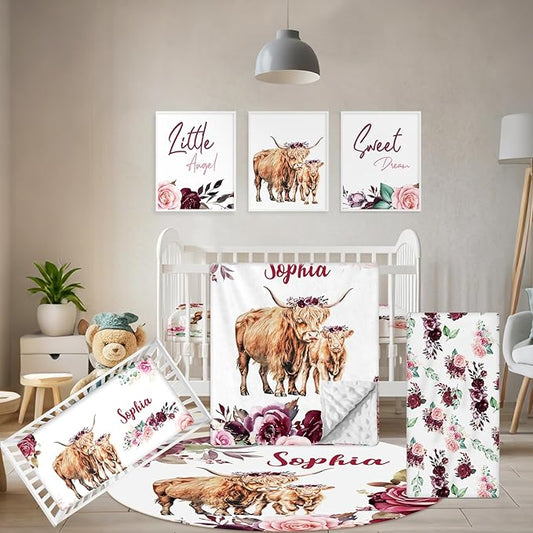 Custom Baby Crib Bedding Set, 5 Pcs Personalized Name Baby Crib Sets for Infant Toddler, Purple Highland Cow Nursery Bedding Set for Baby Girls, Double Layer Baby Bedding Sets Customized Gifts-CubbioJoy