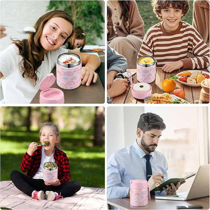 17oz Soup Thermo for Hot Food Kids,Insulated Food Jar with Spoon,Thermo Hot Food Lunch Container,Wide Mouth Leakproof Stainless Steel Lunch Box for School-Rainbow-CubbioJoy