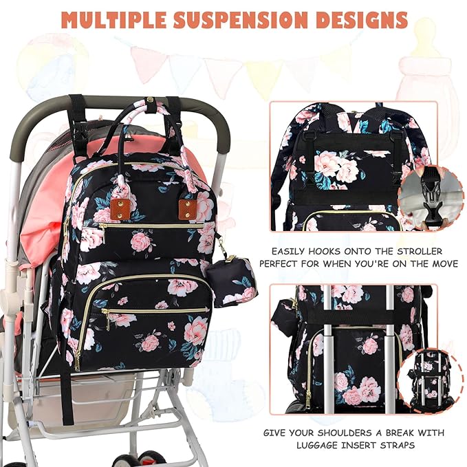 Baby Diaper Bag Backpack, Travel Diaper Bags for Girl Boy Large Capacity Baby Bag Backpack for Women Black Floral-CubbioJoy