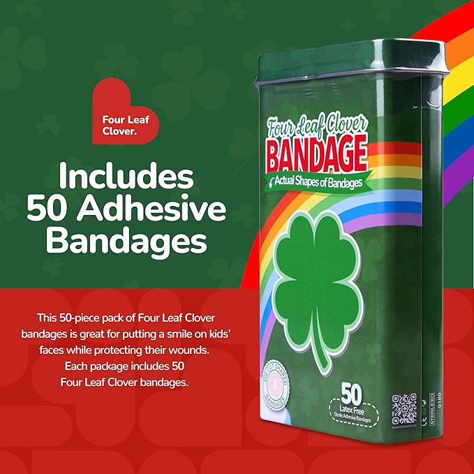 BioSwiss Bandages, 4 Leaf Clover Shaped Self Adhesive Bandage, Latex Free Wound Care, Fun First Aid Kit Supplies for Kids and Adults, 50 Count-CubbioJoy