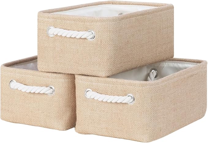 Bidtakay Small Storage Baskets for Shelves 3 Pack Fabric Storage Bins for Organizing Linen Collapsible Organizer for Closet-Flaxen-CubbioJoy