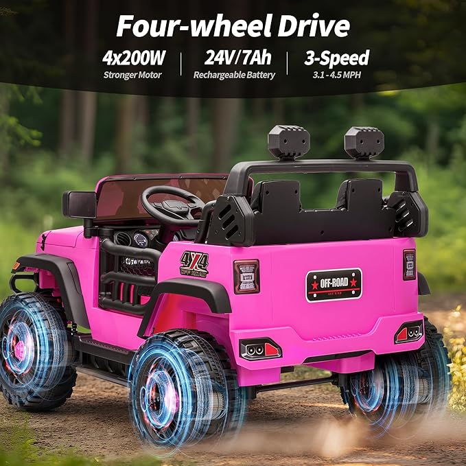 2 Seater Ride on Toy Car for Kids, 24V 4x4 Ride-on Truck Kids Electric Car w/Remote Control, 4x200W Motors - Hot Pink-CubbioJoy