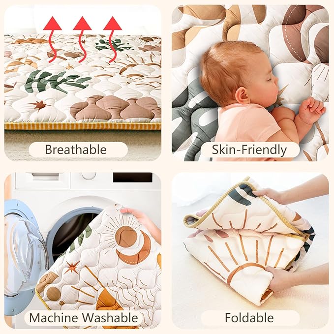 Baby Play Mat, 50x50 Playpen Mat with Super Soft Touch, Activity Mat with Upgraded Anti-Slip Bottom, Machine Washable Crawling Mat for Floor & Picnic(Boho Nature)-CubbioJoy