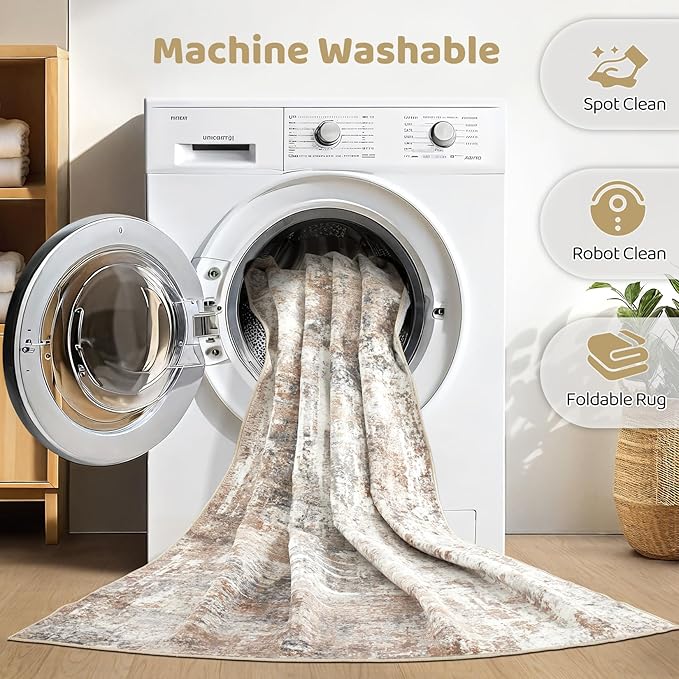 5x8 Area Rug Living Room: Machine Washable Large Abstract Modern Soft Rugs Stain Resistant Indoor Floor Non Slip Accent Carpet for Bedroom Nursery Playroom Office Dining Room Dorm Home House- Brown-CubbioJoy