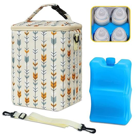 Breastmilk Cooler Bag with Ice Pack Fits 4 Baby Bottles Up to 9 Ounce Insulated Baby Bottle Bag Breast Milk Cooler on The Go with Strap Baby Bottle Cooler Bag for Nursing Mom Daycare or Travel-CubbioJoy
