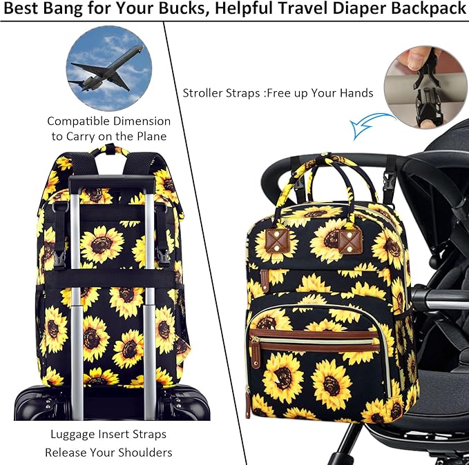 Diaper Backpack Tote Large Capacity, Baby Bag with Insulated Pockets Multifunctional Diaper Bags For Baby Girl Boy Women Waterproof Bags Mama Maternity Bag Sunflower-CubbioJoy