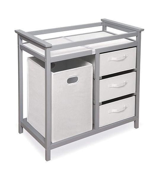Badger Basket Modern Baby Changing Table - Portable Diaper Station with 3 Drawers Pad & Hamper - Storage Organizer for Baby Diapers & Toys - Gray/White-CubbioJoy