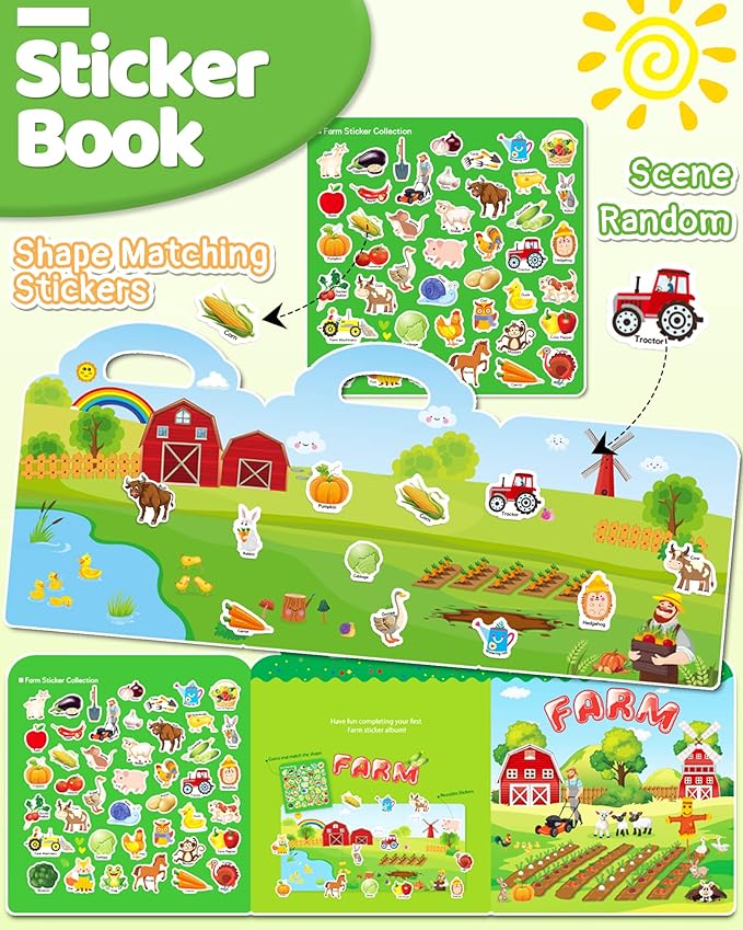 Benresive Reusable Sticker Book for Toddlers 2-4 Years, Fun Travel Stickers for Kids, Waterproof Sticker Books for Toddlers 1-3, Crafts Activities for Todddlers 1-3 2-4 3-5 - Farm-CubbioJoy
