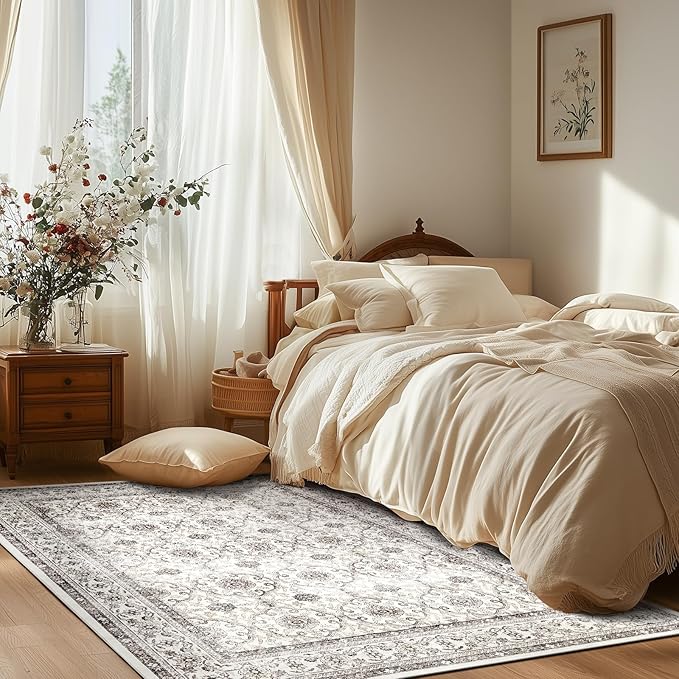 jinchan Floral 5x7 Area Rugs for Bedroom - Machine Washable Vintage Distressed Boho Design Throw Rug Stain Resistant Carpet Low-Pile Thin Non-Slip for Nursery Living Room Dining Room (5‘x7',Beige)-CubbioJoy