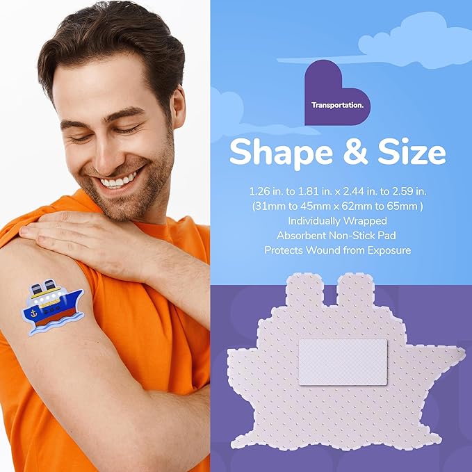 BioSwiss Bandages, Transportation Shaped Self Adhesive Bandage, Latex Free Sterile Wound Care, Fun First Aid Kit Supplies for Kids and Adults, 24 Count-CubbioJoy