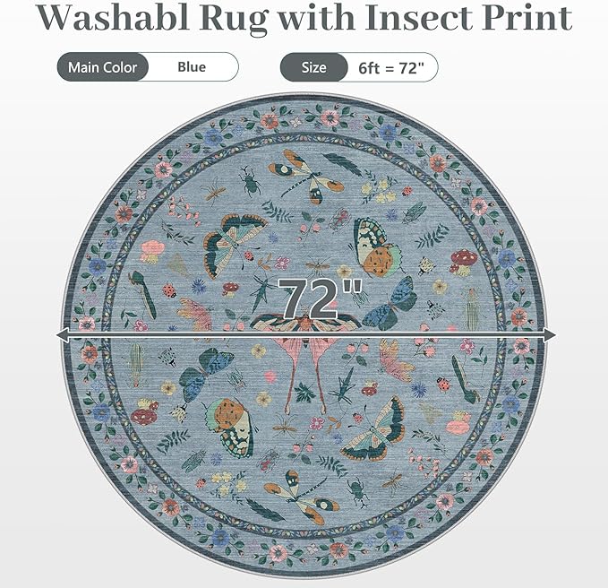 6ft Washable Round Rug - Bug Rugs for Living Room Non-Slip Low Pile Soft Ultra-Thin Machine Washable Circle Carpet for Bedroom, Entryway, Nursery, Kitchen, Home Office (6' Round Blue)-CubbioJoy