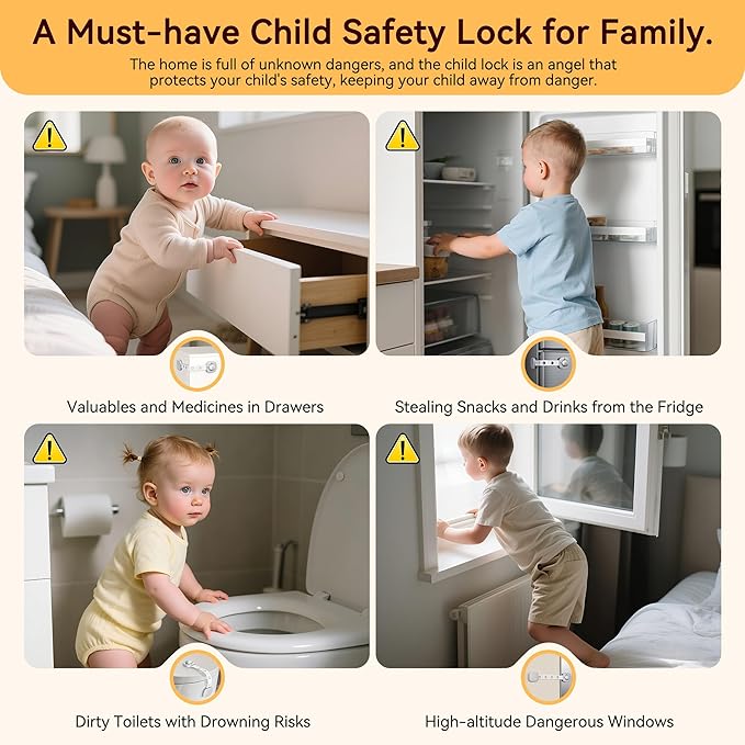 2 Pack Cabinet Locks/Refrigerator Locks Baby Proofing - Child Proof Locks for Drawer, Refrigerator, Fridge, Toilet Seat-No Screws or Tools Required (2 Pack-Grey Locks)-CubbioJoy