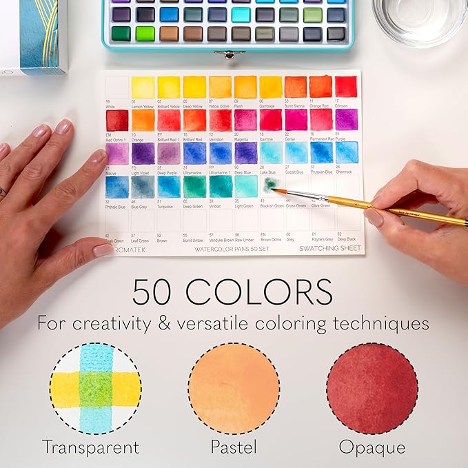 CHROMATEK Watercolor Paint Set – 50 Vivid Colors Including Transparent, Opaque & Pastel – Art Kit with Brush, Water Pen, Palette, Color Chart, Swatch Sheets, Pad & Metal Travel Case-CubbioJoy