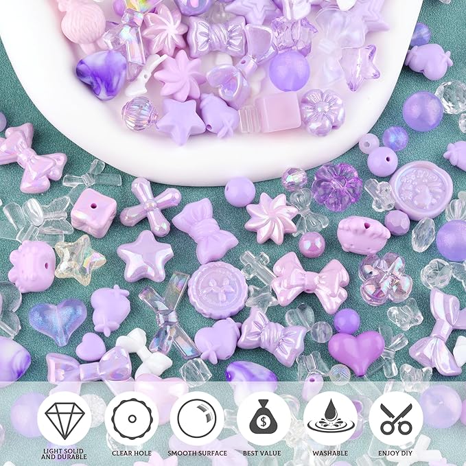 Assorted 170-230PCS Purple Acrylic Beads for Bracelet Making, Flower Bow Butterfly Candy GummyBear Aesthetic Bracelet Charms,Cute Beads for Jewelry Making DIY Necklace Keychain Phone Charm-CubbioJoy
