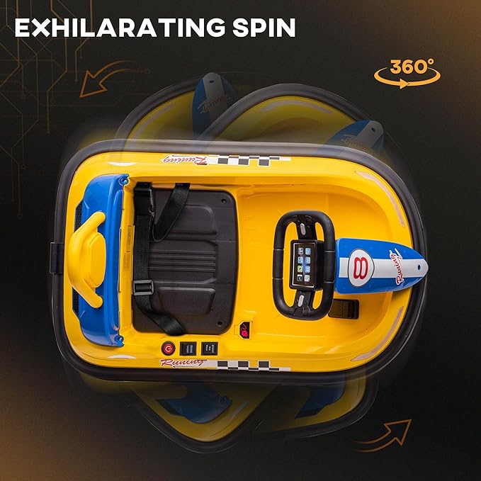 Aosom Toddler Bumper Car, 360° Rotation 6V Kids Electric Ride on Bumper Car with EVA Bumper Edges, Twins Motor, Songs, Horn, LED Lights, Safety Belt for 18-48 Months, Yellow-CubbioJoy