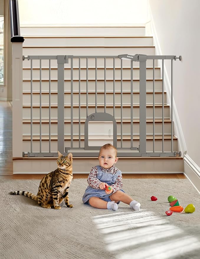 Babelio 29-48" Extra Wide Baby Gate with Adjustable Cat Door,Easy Install Pressure/Hardware Mounted,Auto Close Pet door for Stairs,House,Doorways,Effortless Walk Thru,Gray-CubbioJoy
