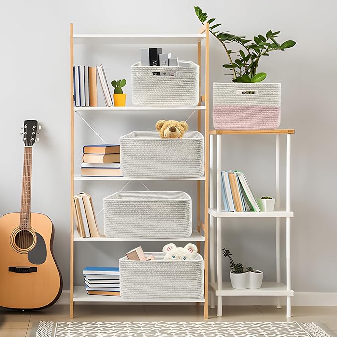 COMFY-HOMI Cotton Rope Woven Basket with Handles for Shelves,Toys,Book, Cloth Storage Baskets for Organizing-17" x 13" x 7.5" Toy Decorative Organizer for Living Room, Bathroom （All White）-CubbioJoy