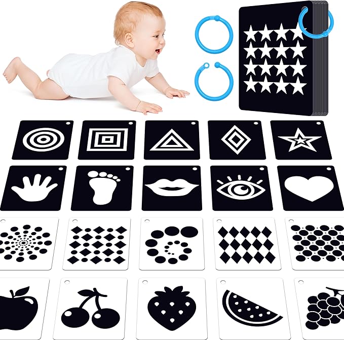 50PCS High Contrast Baby Flashcards, 100 Pages Black & White Visual Stimulus Flash Cards, Brain Development Cards Set Montessori Sensory Toys for Infants Newborn Boy Girl Baby Tummy Time (0-3 Months)-CubbioJoy
