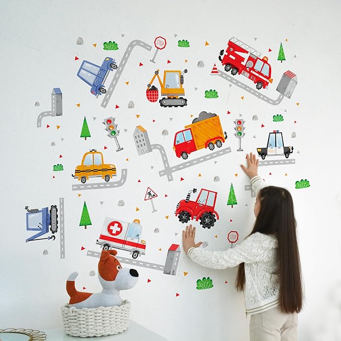 Car Wall Decals by Lipastick - Peel and Stick Transport Road Trucks Stickers for Boys Room, Toddler Bedroom, Baby Nursery, Kids Playroom, Living Room- Removable Decor - L Size-CubbioJoy