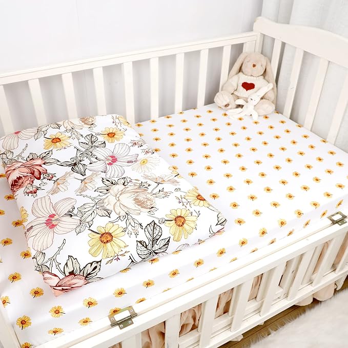 4-Piece Crib Bedding Set for Girls, Boho Baby Girl Bedding Set with Crib Skirt, Baby Quilt, Crib Sheet and Diaper Stacker, Flower-CubbioJoy