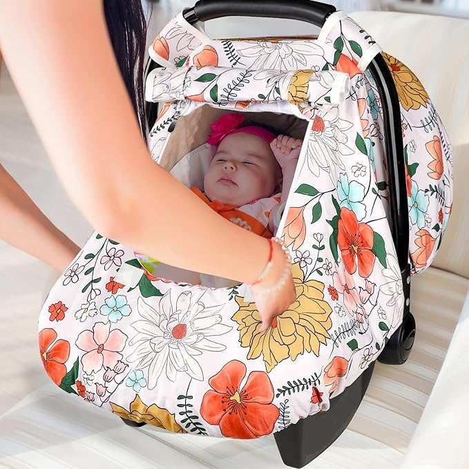 Baby Carseat Cover Girls, Pea Pod Infant Car Seat Covers Canopy for Newborn with 2 Layers Windows of Breathable Mesh/Fabric, Lightweight Polyester/Minky Dot Backing, Snug Fit Most Baby Car Seat-CubbioJoy