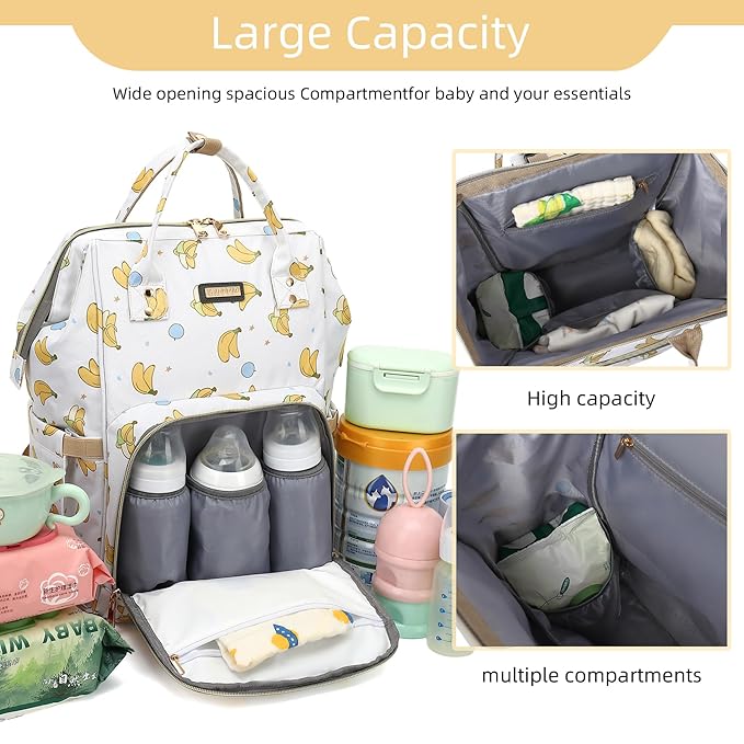 Diaper Bag Backpack, Diaper Bags for Baby Girls Boys, Baby Bags for Moms Dads, Nappy Changing Bag with Insulated Pockets,Multi-functional Waterproof Backpack with Stroller straps -Beige Banana-CubbioJoy