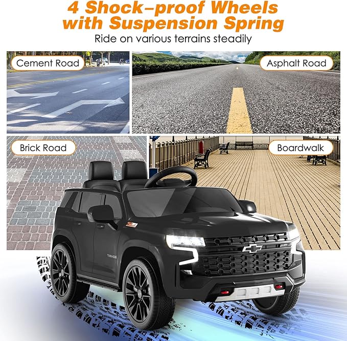 Costzon Ride on Car, 12V Licensed Chevrolet Tahoe Battery Powered Electric Vehicle w/ 2.4G Remote Control, High/Low Speed, Music, Lights, MP3/USB/FM, Spring Suspension, Electric SUV for Kids (Black)-CubbioJoy