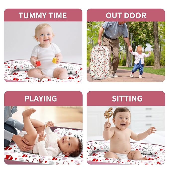 Baby Lounger, Foldable Infant Nest Pillow with Soft Memory Foam Mat, Cover with Adorable Pattern, Converts to Backpack for Easy Travel, 0-12 Months, Pink-CubbioJoy