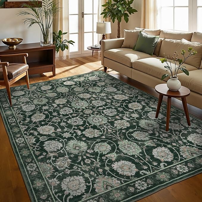 6x9 Area Rug for Living Room & Bedroom, Washable Non-Slip Floral Rugs, Soft Vintage Carpet, Low Pile Wool Carpets for Indoor Dining Home Office Playroom Under Table, Modern Decor, Dark Green-CubbioJoy