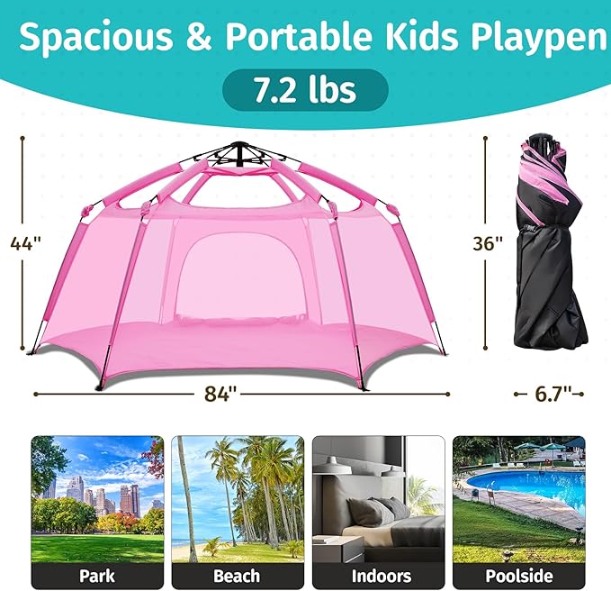Alvantor Pop Up Playpen- 7'x7'x44”Baby Playpen Large Kids Play Tent Portable and Foldable Playpen Indoor/Outdoor Play Yard with Protective Mesh, UV SPF 50+ Sunshade, and Soft Foam Floor, Pink-CubbioJoy