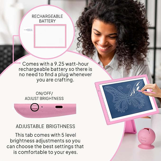 iVyne Rechargeable A4 Light Pad for Tracing & Weeding - LED Light Board for Weeding Vinyl - for Cricut Vinyl Weeding Tools - Ultra-Thin & Portable - Perfect for Artists & Crafters - Pink-CubbioJoy