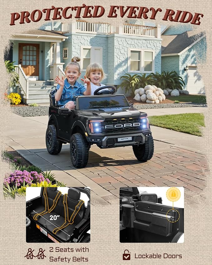 24V Ride on Toys for Big Kids, Licensed Ford F-150 Raptor 2 Seater Kids Ride on Car w/Remote Control, Toddler Electric Car w/LED Lights, Bluetooth, Truck Bed Storage, Soft Start (Black)-CubbioJoy