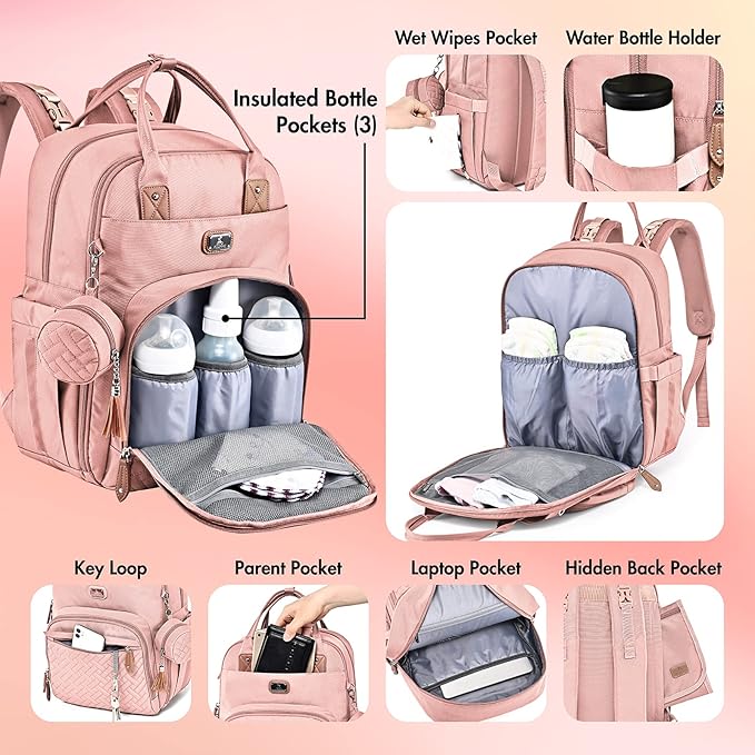 Dikaslon Diaper Bag Backpack with Portable Changing Pad, Pacifier Case and Stroller Straps, Large Unisex Baby Bags for Boys Girls, Multipurpose Travel Back Pack Moms Dads, Pink-CubbioJoy