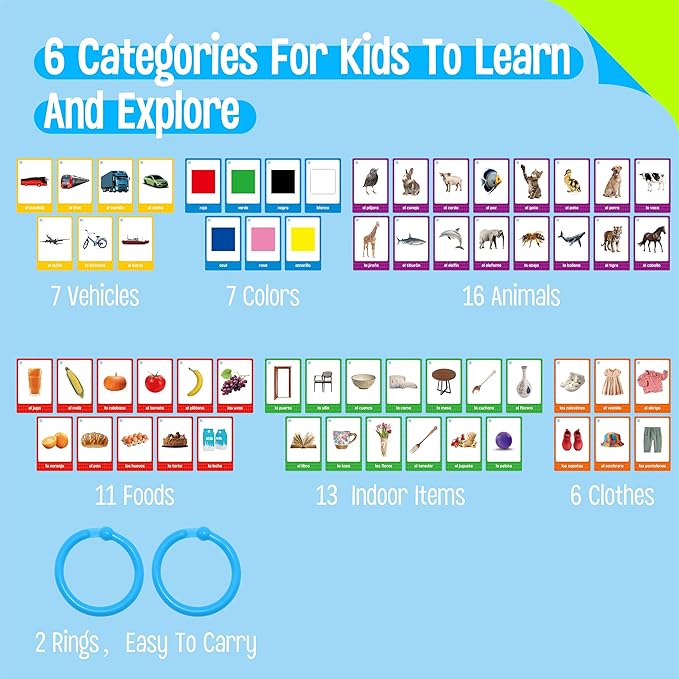 60 English Spanish Flash Cards, Double-Sided Nouns Cards Bilingual Sight Words - Animals, Colors, Food, Vehicles Cards, Language Vocabulary Learning Tool for Beginners 5+ with 2 Reclosable Rings-CubbioJoy